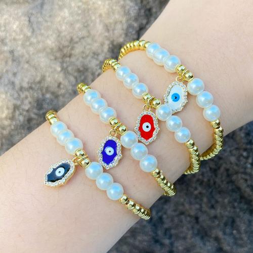 Evil Eye Jewelry Bracelet, Brass, with Plastic Pearl, plated, fashion jewelry & micro pave cubic zirconia & enamel, more colors for choice, nickel, lead & cadmium free, The inner diameter of the bracelet is 55cm, Sold By PC