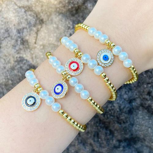 Evil Eye Jewelry Bracelet, Brass, with Plastic Pearl, plated, fashion jewelry & micro pave cubic zirconia & enamel, more colors for choice, nickel, lead & cadmium free, The inner diameter of the bracelet is 55cm, Sold By PC