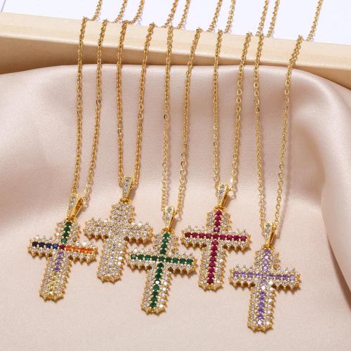 Cubic Zircon Micro Pave Brass Necklace, with 5cm extender chain, Cross, plated, fashion jewelry & micro pave cubic zirconia, more colors for choice, nickel, lead & cadmium free, 22x41mm, Length:45 cm, Sold By PC