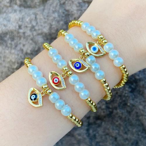 Evil Eye Jewelry Bracelet Brass with Plastic Pearl plated fashion jewelry & micro pave cubic zirconia & enamel nickel lead & cadmium free Sold By PC