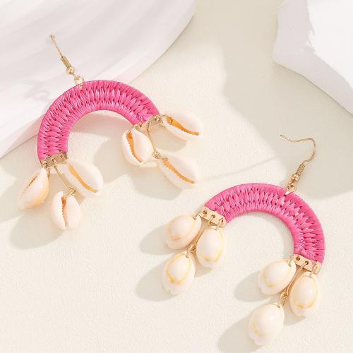 Iron Earring, with Rattan & Shell, handmade, fashion jewelry & for woman, more colors for choice, nickel, lead & cadmium free, 75x55mm, Sold By Pair