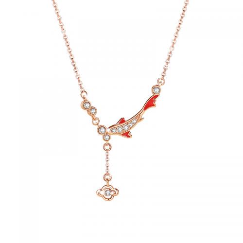 Cubic Zircon Micro Pave 925 Sterling Silver Necklace, with 5CM extender chain, plated, micro pave cubic zirconia & for woman & enamel, rose gold color, Length:Approx 40 cm, Sold By PC