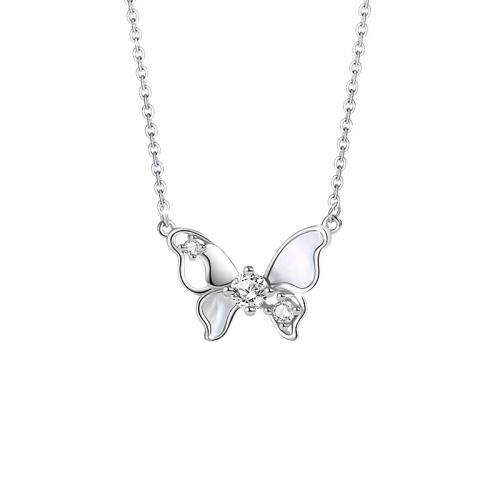 Cubic Zircon Micro Pave 925 Sterling Silver Necklace, with Shell, with 5CM extender chain, Butterfly, plated, micro pave cubic zirconia & for woman, silver color, Length:Approx 40 cm, Sold By PC
