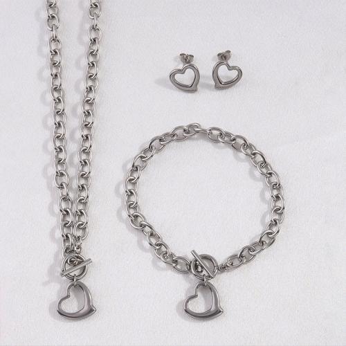 Edelstahl Schmucksets, Stud Ohrring & Armband & Halskette, 304 Edelstahl, plattiert, für Frau, Silberfarbe, verkauft von setzen