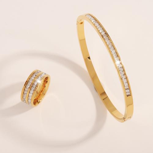 Joyería de acero inoxidable de diamantes de imitación, brazale & anillo de dedo, acero inoxidable 304, chapado, para mujer & con diamantes de imitación, dorado, Vendido por Set