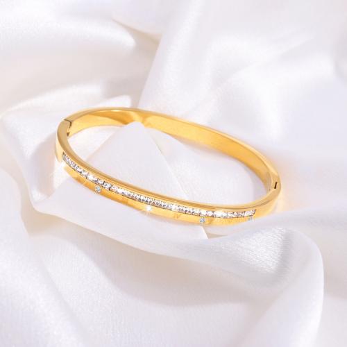 Stainless Steel Bangle, 304 Stainless Steel, for woman & with rhinestone, golden, Sold By Spool