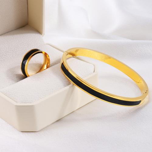 Enamel Stainless Steel Jewelry Set bangle & finger ring 304 Stainless Steel plated for woman golden Sold By Set