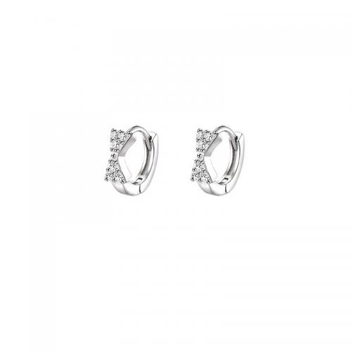 Brass Huggie Hoop Earring Bowknot platinum color plated for woman & with rhinestone 10mm Sold By Pair