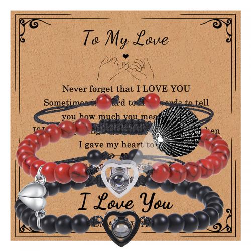 Gemstone Miniature Projection Bracelet with Abrazine Stone & Elastic Thread & Zinc Alloy Heart handmade 2 pieces & for couple Length Approx 7-11.8 Inch Sold By Set