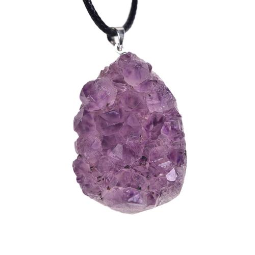 Quartz Gemstone Pendants, Amethyst, with PU Leather & Cotton Cord, Teardrop, druzy style & DIY & different styles for choice, pendant length 30-40mm, Sold By PC