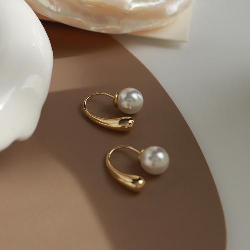 Titanium Steel  Earring, with Plastic Pearl, fashion jewelry & for woman, golden, 19mm, Sold By Pair
