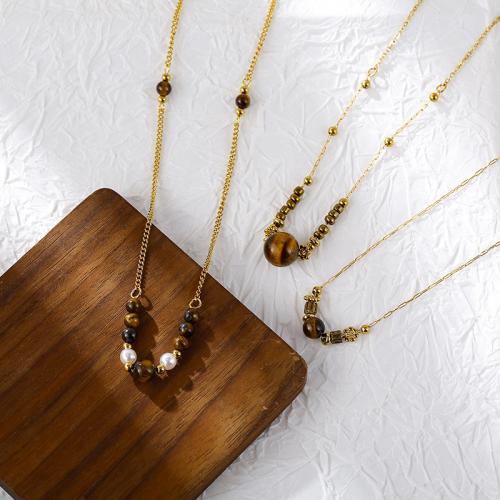 Titanium Steel Necklace with Tiger Eye with 5cm extender chain fashion jewelry & for woman Length Approx 40 cm Sold By PC
