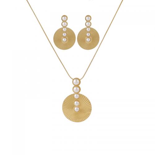 Sets de Joyas, Partículas de acero, con Perlas plásticas, con 5cm extender cadena, 18K chapado en oro, Joyería & para mujer, dorado, longitud aproximado 40 cm, Vendido por UD
