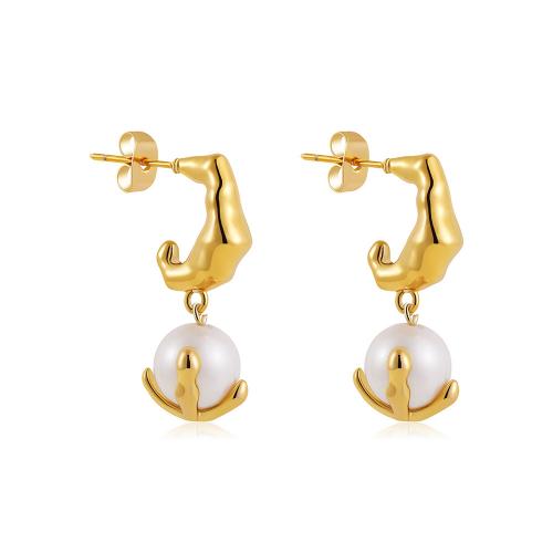 Stainless Steel Stud Earrings 304 Stainless Steel with Freshwater Pearl 18K gold plated fashion jewelry & for woman golden Sold By Pair