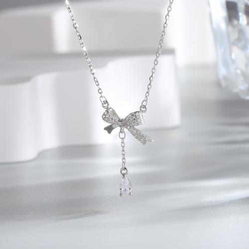 Cubic Zircon Micro Pave 925 Sterling Silver Necklace Bowknot fashion jewelry & micro pave cubic zirconia & for woman nickel lead & cadmium free Length Approx 40-45 cm Sold By PC