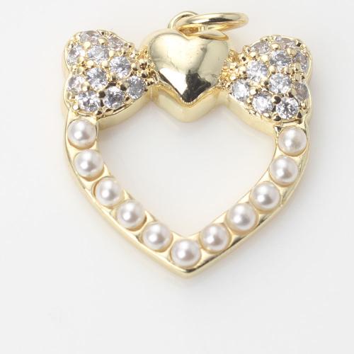 Cubic Zirconia Micro Pave Brass Pendant with Plastic Pearl Heart gold color plated DIY & micro pave cubic zirconia nickel lead & cadmium free Sold By PC