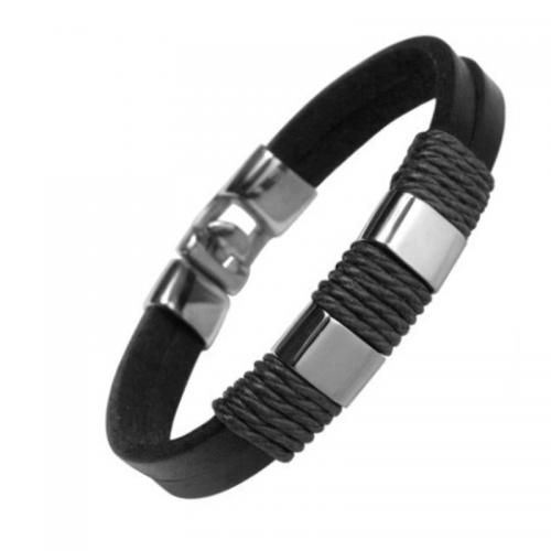 PU Cord Armbånd, med Zinc Alloy, mode smykker & for mennesket, sort, Længde Ca. 22 cm, Solgt af PC