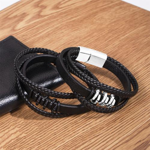 PU Leather Cord Bracelets, with Tibetan Style, three layers & fashion jewelry & for man, more colors for choice, Length:Approx 21 cm, Sold By PC