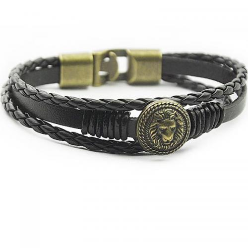 Bracelets cordon PU, cuir PU, avec alliage de zinc, trois couches & bijoux de mode & pour homme, noire, Longueur:Environ 22 cm, Vendu par PC