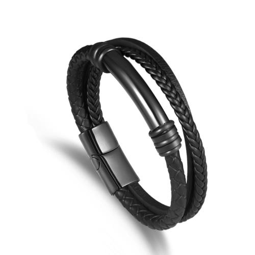 PU Leather Cord Bracelets with Zinc Alloy three layers & fashion jewelry & for man black Length Approx 21 cm Sold By PC