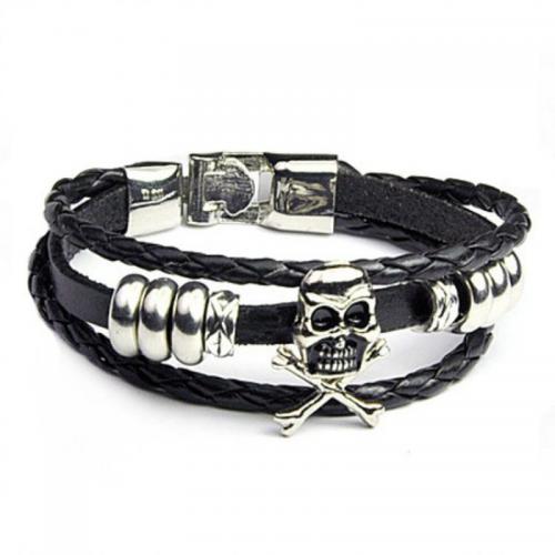 PU Leather Cord Bracelets with Zinc Alloy three layers & fashion jewelry & for man black Length Approx 22 cm Sold By PC