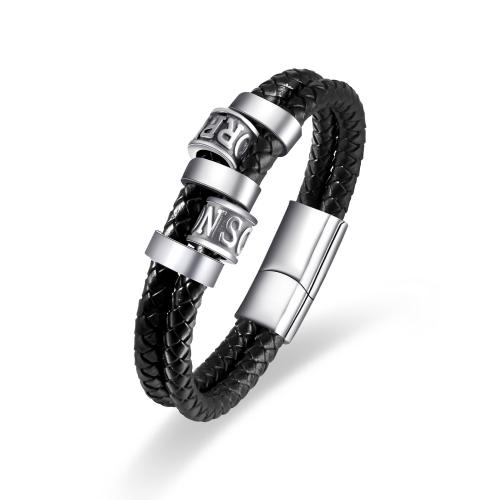 Cowhide Bracelet, with 304 Stainless Steel, Double Layer & fashion jewelry & for man, silver color, Length:Approx 21 cm, Sold By PC