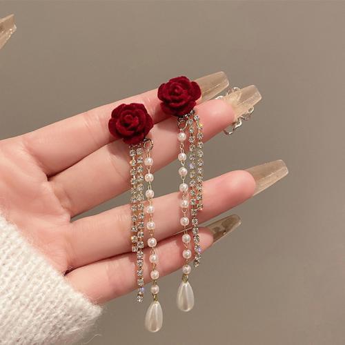 Zinc Alloy Tassel Earring with Velour & Plastic Pearl Flower plated for woman & with rhinestone Sold By Pair