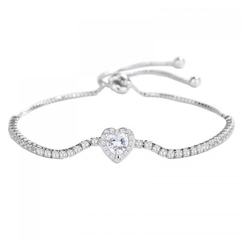 925 Sterling Silver Bracelet, Heart, platinum plated, micro pave cubic zirconia & for woman, Length:Approx 9.8 Inch, Sold By PC