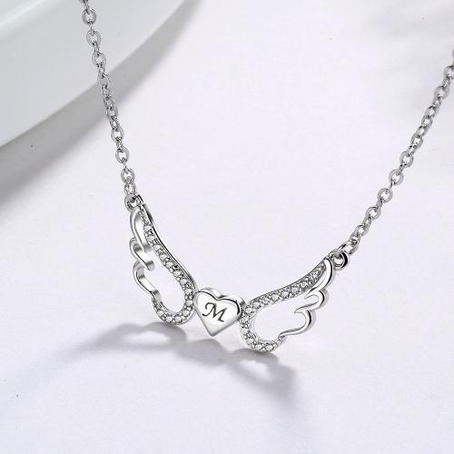925 Sterling Silver Necklace with 1.2inch extender chain Angel Wing plated cross chain & Mother Day Jewelry & micro pave cubic zirconia & for woman & hollow Length Approx 16.5 Inch Sold By PC