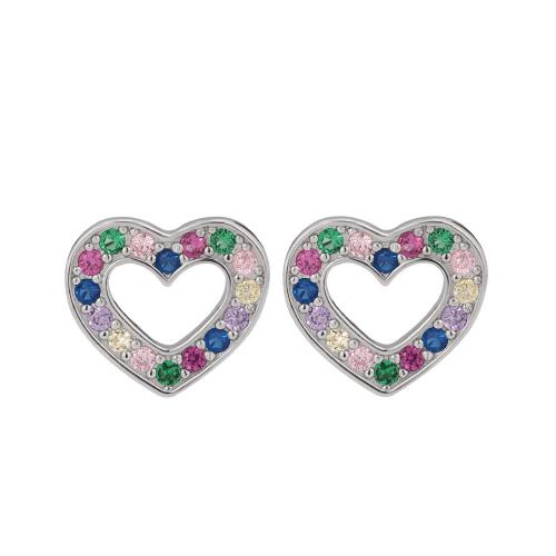 925 Sterling Silver Stud Earring, Heart, platinum plated, micro pave cubic zirconia & for woman & hollow, 11x10mm, Sold By Pair