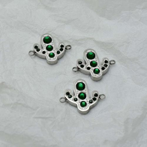 Stainless Steel Connector, 304 Stainless Steel, Opuntia Stricta, fashion jewelry & DIY & with rhinestone & 1/1 loop, green, 20x24x3.70mm, Sold By PC