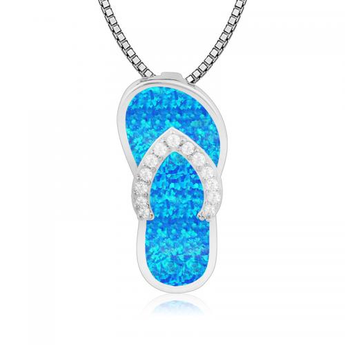 Cubic Zircon Micro Pave Brass Necklace with Opal with 5cm extender chain Slipper silver color plated fashion jewelry & Unisex & with rhinestone blue nickel lead & cadmium free Length Approx 45 cm Sold By PC