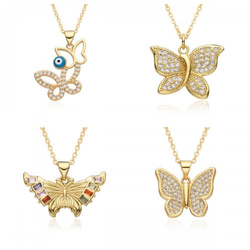 Cubic Zircon Micro Pave Brass Necklace Butterfly gold color plated fashion jewelry & micro pave cubic zirconia & for woman & enamel & hollow nickel lead & cadmium free Length Approx 41-50 cm Sold By PC