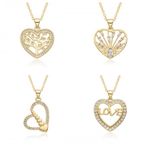 Cubic Zircon Micro Pave Brass Necklace Heart gold color plated fashion jewelry & micro pave cubic zirconia & for woman & hollow nickel lead & cadmium free Length Approx 41-50 cm Sold By PC