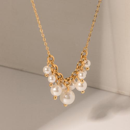 Edelstahl Schmuck Halskette, 304 Edelstahl, mit ABS-Kunststoff-Perlen, mit Verlängerungskettchen von 5cm, plattiert, Modeschmuck, goldfarben, Länge:40 cm, verkauft von PC