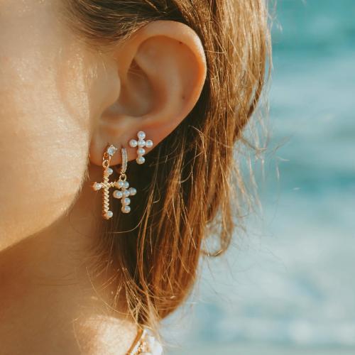 Stainless Steel Drop Earring 304 Stainless Steel with ABS Plastic Pearl Cross plated fashion jewelry & with rhinestone golden Sold By Pair