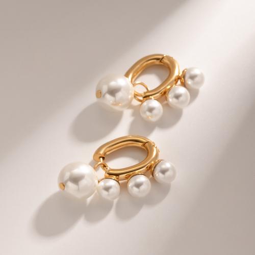 Stainless Steel Drop Earring 304 Stainless Steel with ABS Plastic Pearl plated fashion jewelry golden Sold By Pair