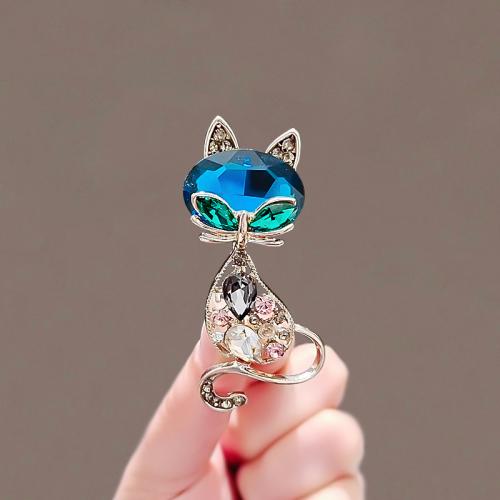 Zinc Alloy Brooches Cat plated fashion jewelry & with rhinestone blue nickel lead & cadmium free Sold By PC
