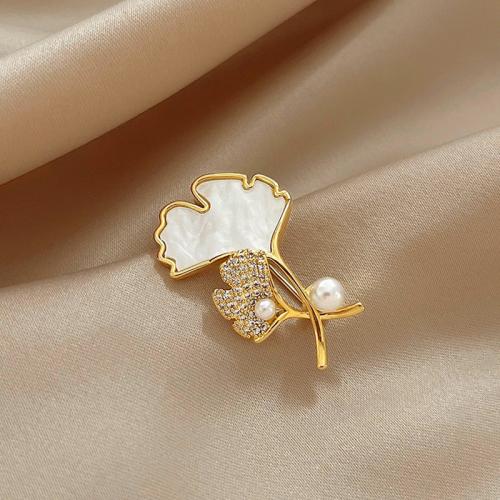 Tibetan Style Brooches, with ABS Plastic Pearl, Ginkgo Leaf, plated, fashion jewelry & with rhinestone, golden, nickel, lead & cadmium free, 35mm, Sold By PC