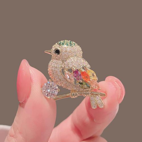 Tibetan Style Brooches, Bird, plated, fashion jewelry & with rhinestone, golden, nickel, lead & cadmium free, 25x28mm, Sold By PC