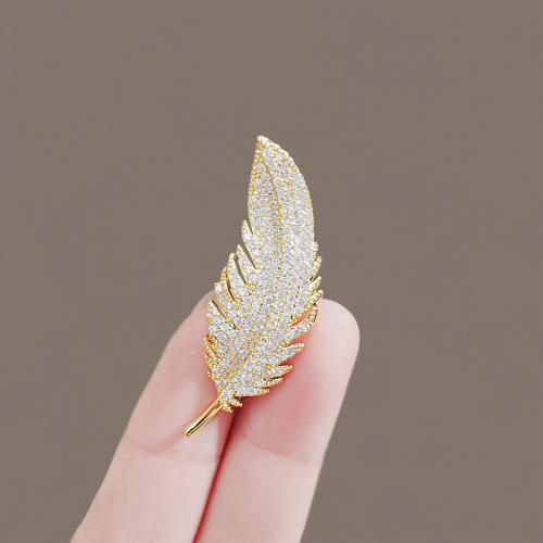 Zinc Alloy Brooches Feather plated fashion jewelry & with rhinestone golden nickel lead & cadmium free Sold By PC
