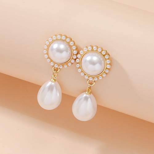 Tibetan Style Stud Earring, with Plastic Pearl, Teardrop, KC gold color plated, fashion jewelry & for woman, white, nickel, lead & cadmium free, 42x7mm, Sold By Pair