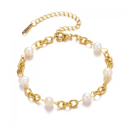 Bijoux bracelet en acier inoxydable, Acier inoxydable 304, avec perle d'eau douce cultivée, Placage, pour femme, doré, Vendu par PC