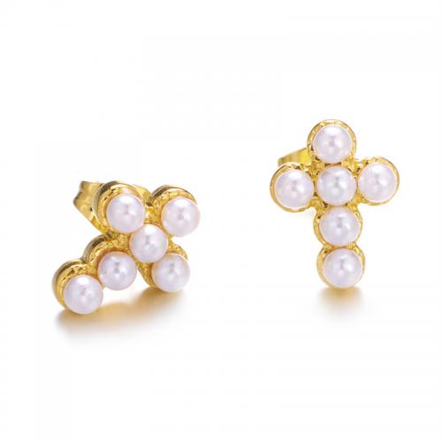 Stainless Steel Stud Earrings, 304 Stainless Steel, with Plastic Pearl, plated, for woman, golden, Sold By Pair