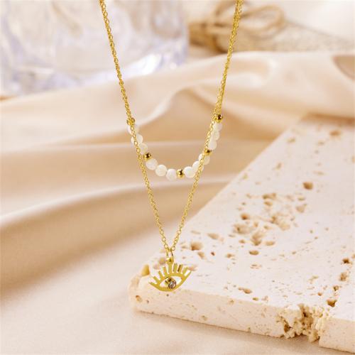 Stainless Steel Jewelry Necklace 304 Stainless Steel with Natural Stone & Plastic Pearl plated & micro pave cubic zirconia & for woman golden Sold By PC
