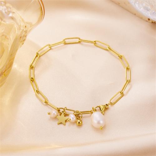 Stainless Steel Jewelry Bracelet 304 Stainless Steel with Plastic Pearl plated for woman golden Sold By PC