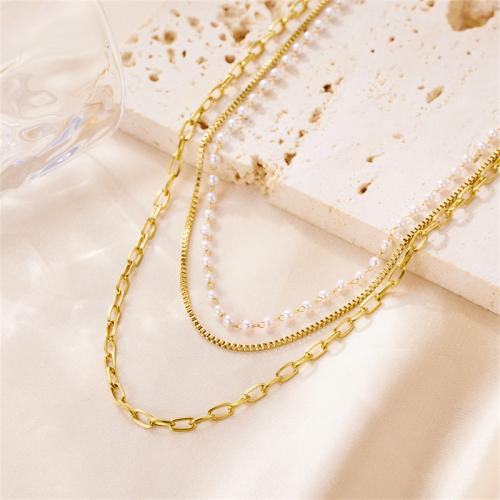 Edelstahl Schmuck Halskette, 304 Edelstahl, mit Kunststoff Perlen, plattiert, für Frau, goldfarben, verkauft von PC