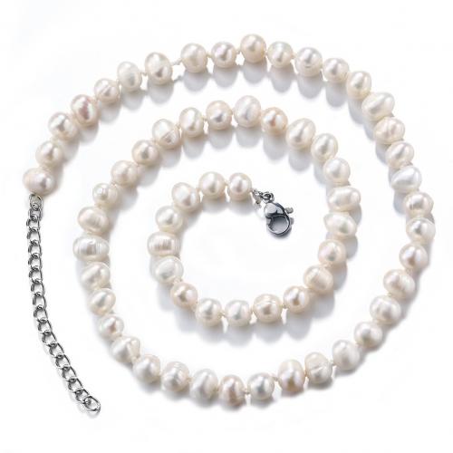 Stainless Steel Jewelry Necklace, 304 Stainless Steel, with Freshwater Pearl, plated, for woman, white, Sold By PC