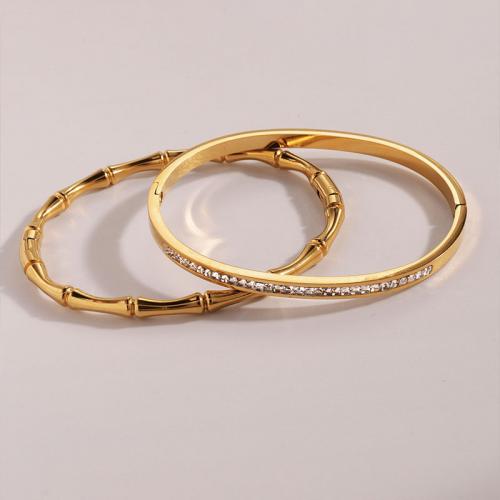Stainless Steel Bangle, 304 Stainless Steel, plated, 2 pieces & Unisex & with rhinestone, golden, Sold By Set