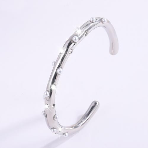 Stainless Steel Bangle 304 Stainless Steel with Plastic Pearl plated for woman & with rhinestone Sold By PC